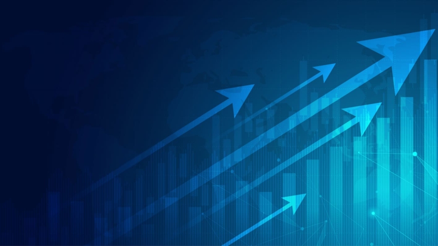Blue abstract background with upward-pointing arrows and bar graphs, symbolizing growth, progress, and financial success. The glowing lines and bars evoke dynamic movement—perfect for illustrating effective supply chain planning and increasing value.