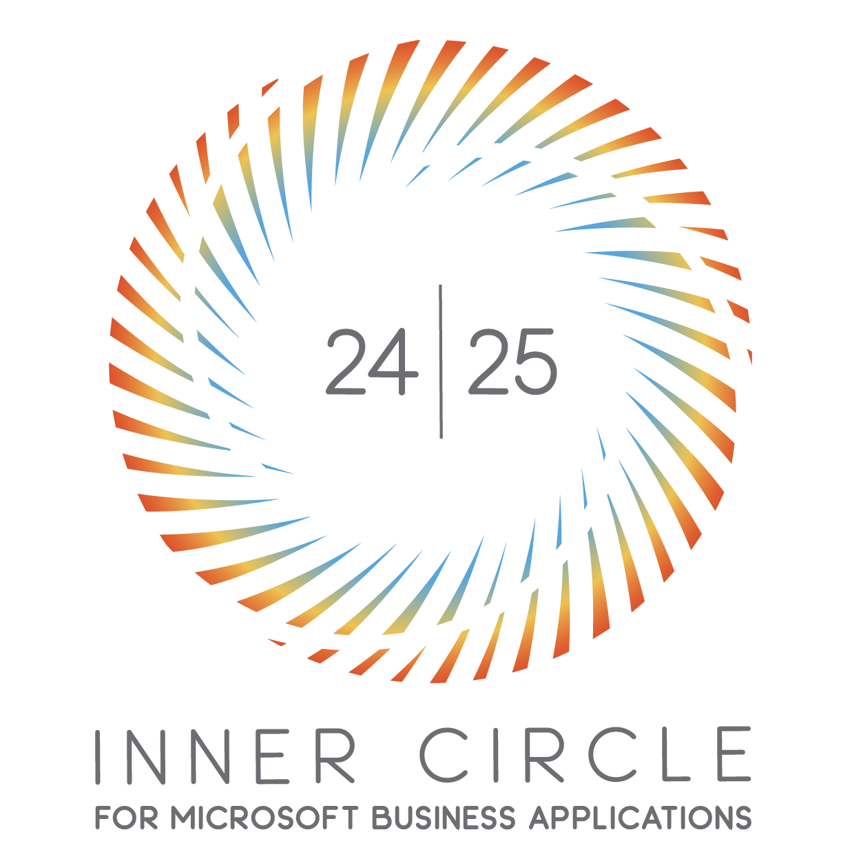 A circular, multicolored spiral surrounds 24 | 25. Below, text reads INNER CIRCLE FOR MICROSOFT BUSINESS APPLICATIONS on a light gray background. Open new doors in FY24 with enVista, a leading services partner in supply chain and retail.