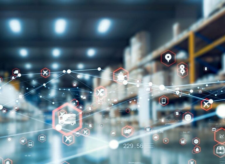 A blurred warehouse with shelves filled with boxes, overlaid by digital network icons representing technology and connectivity, symbolizing smart warehouse automation and effective supply chain strategy.