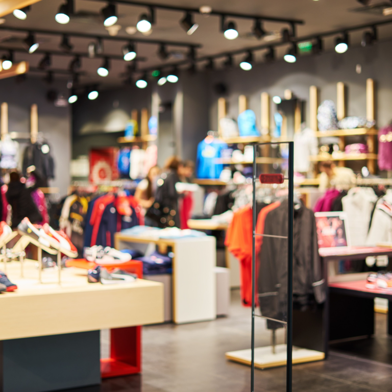 A brightly lit clothing and shoe store with various racks of colorful apparel and sneakers on display, shelves in the background, and a few customers browsing the merchandise.