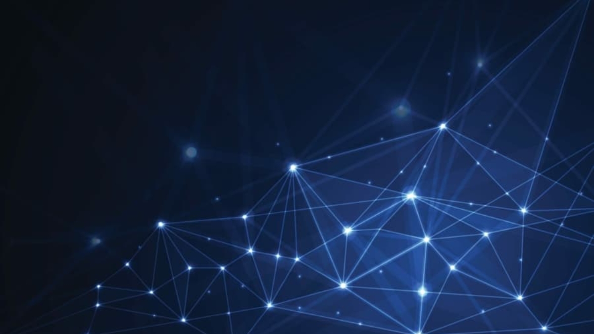 Abstract digital background showing a network of interconnected glowing blue lines and points, resembling a web or constellation against a dark backdrop.