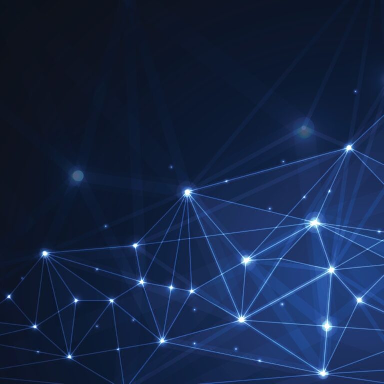 Abstract digital background with interconnected glowing blue points and lines forming a network pattern on a dark gradient backdrop, representing technology or data connections.