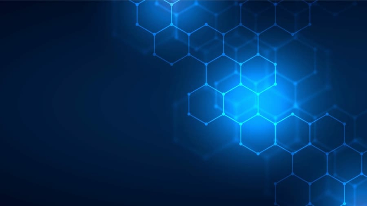 Blue abstract background with glowing hexagonal shapes connected in a honeycomb pattern, fading into a dark gradient. The design evokes a modern, digital, and technological impression reminiscent of Microsoft's innovative style.