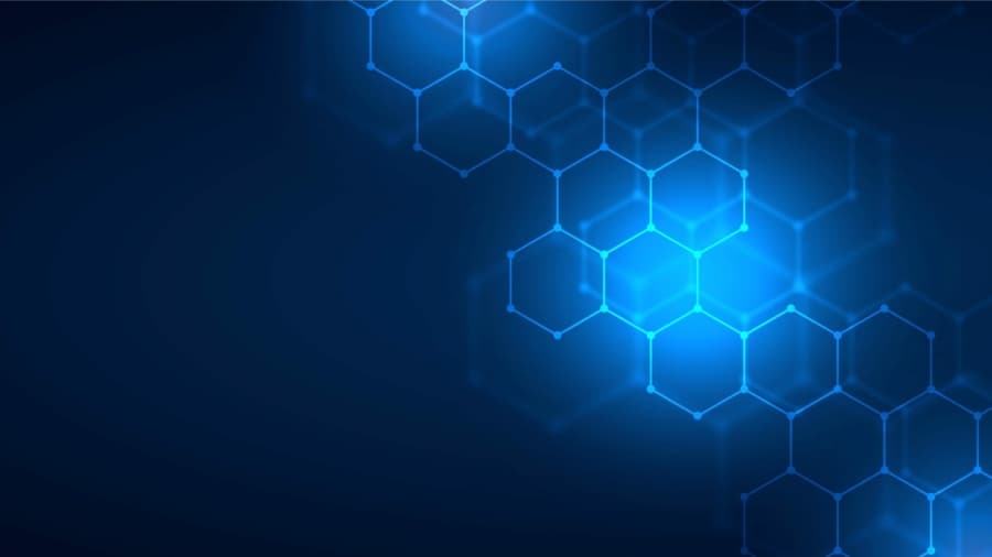 Blue abstract background with glowing hexagonal shapes connected in a honeycomb pattern, fading into a dark gradient. The design evokes a modern, digital, and technological impression reminiscent of Microsoft's innovative style.