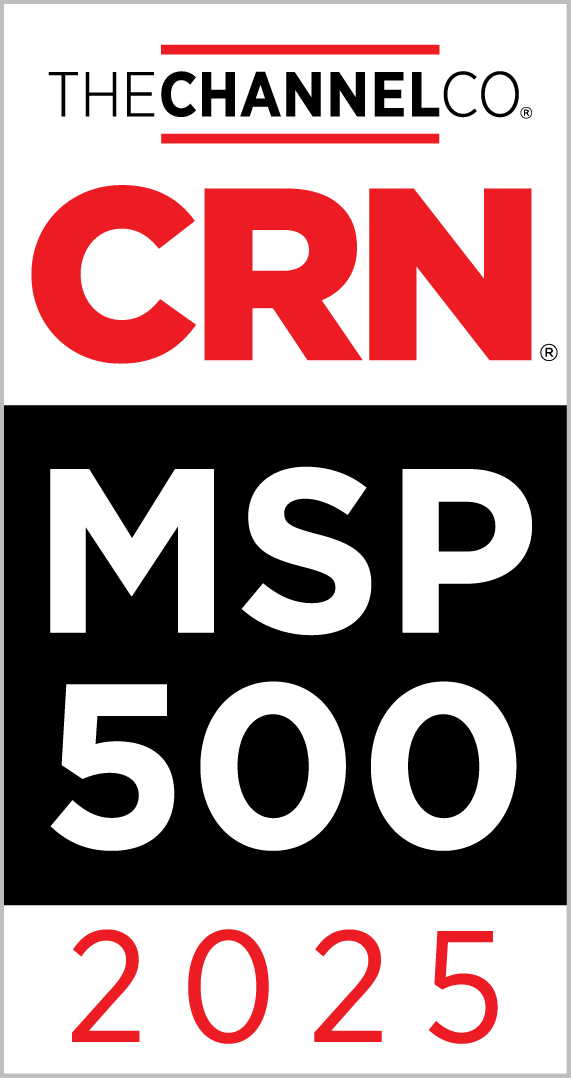 CRN MSP 500 2025 award logo, featuring THE CHANNEL CO at the top, bold red CRN text, black and white MSP 500 section, and 2025 in red at the bottom.