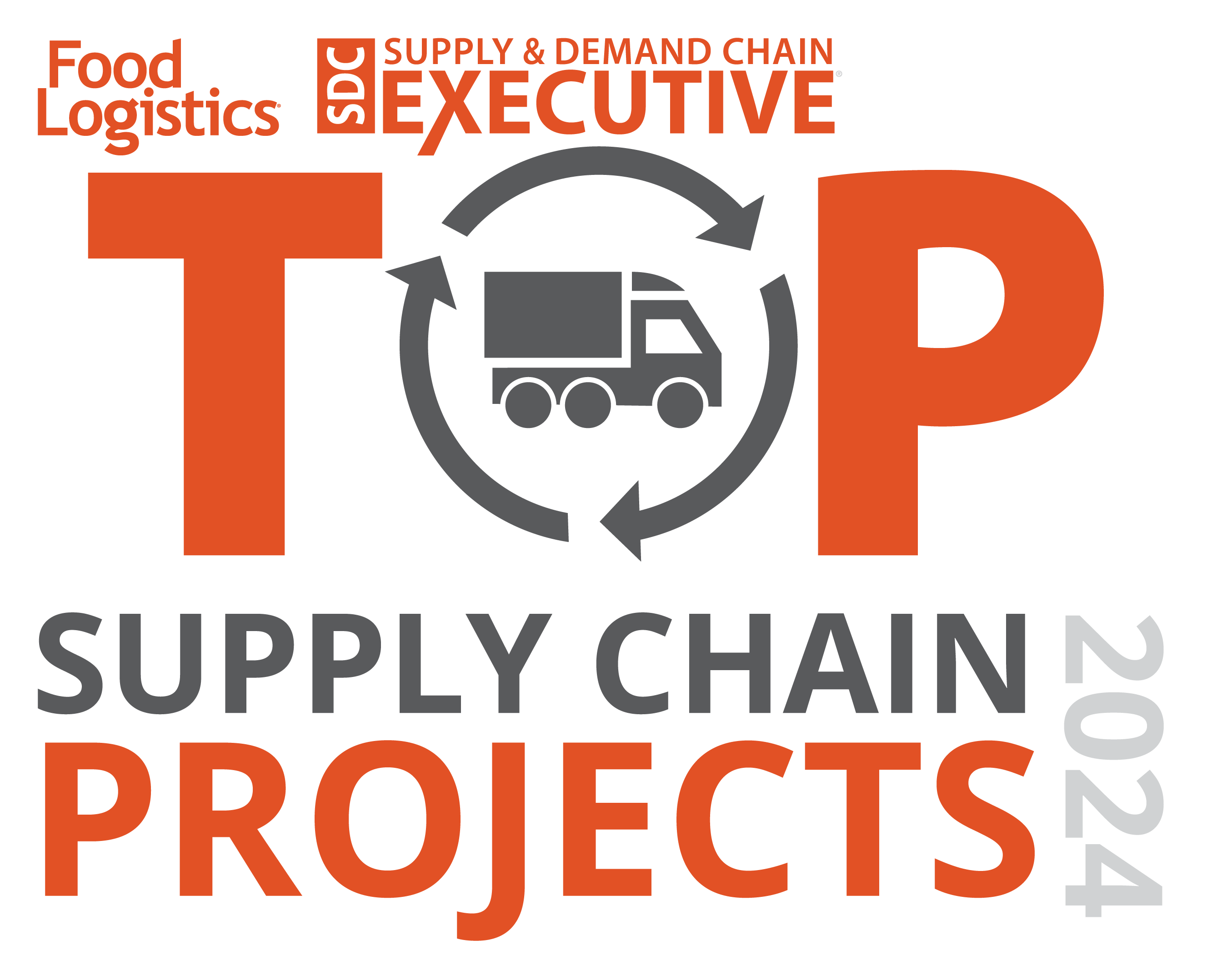 Logo for “Food Logistics” and “Supply & Demand Chain Executive” featuring the text “Top Supply Chain Projects 2024” with an icon of a delivery truck inside circular arrows.