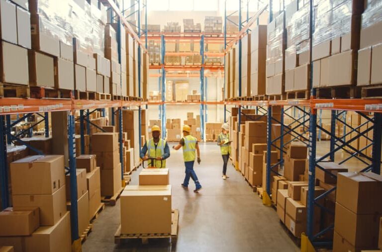 Warehouse workers in safety vests walk and talk between tall shelves filled with stacked boxes and packages during a Distribution Center Operational Assessment in a brightly lit warehouse.