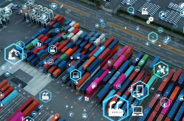 Aerial view of a shipping container yard with colored containers and overlayed digital icons representing technology, automation, and connectivity in logistics and supply chain management.