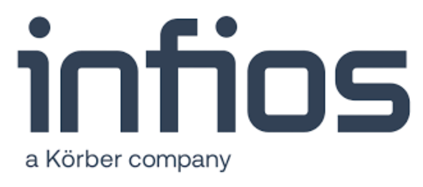 Logo with the word infios in lowercase, bold, dark blue letters. Below it, in smaller text, it says a Körber company, highlighting its connection to körber wms. The background is light gray.