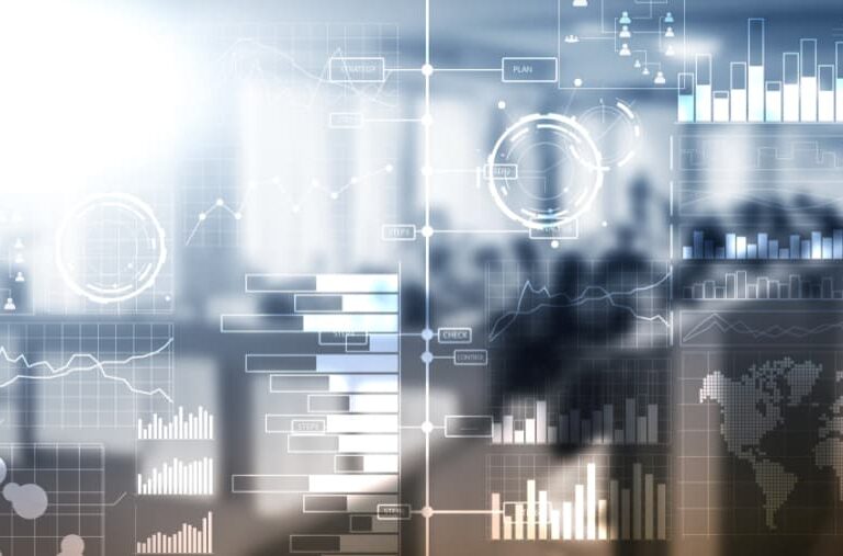 Abstract image showing transparent digital graphs, charts, and data visualizations overlaying a blurred office background with people, representing technology, Impact Analytics, data analysis, and business analytics concepts.