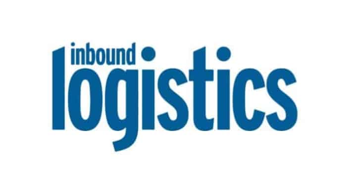 The image shows the words inbound logistics in bold, blue lowercase letters on a white background. The word inbound appears smaller and is positioned above the l in logistics.