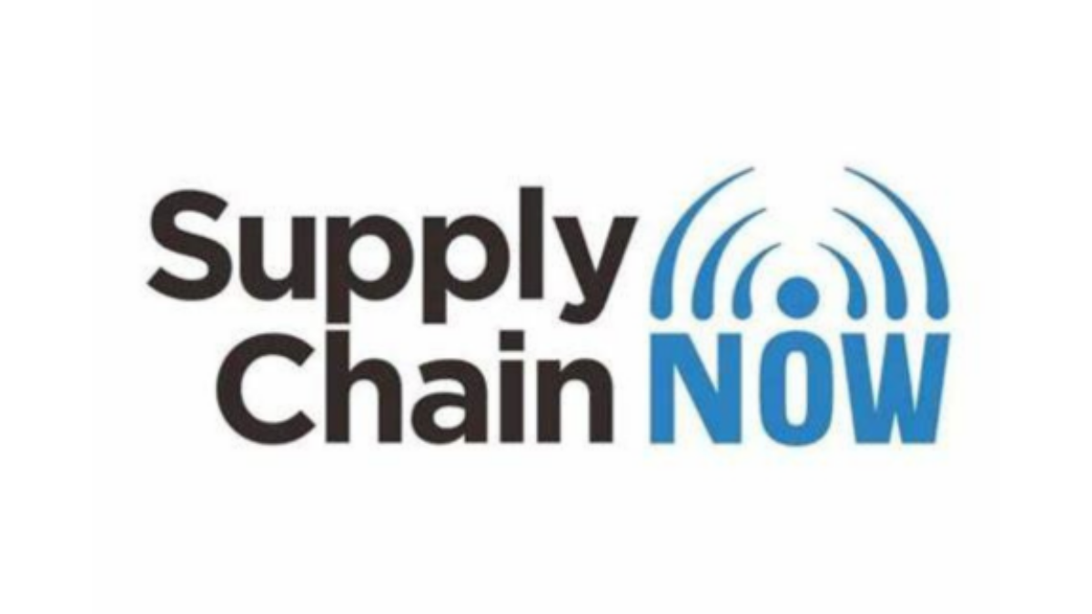 Logo with the words “Supply Chain NOW” in black and blue text. Blue curved lines above "NOW" suggest wireless signals, connectivity, and the innovative role of supply chain robotics. The background is white.