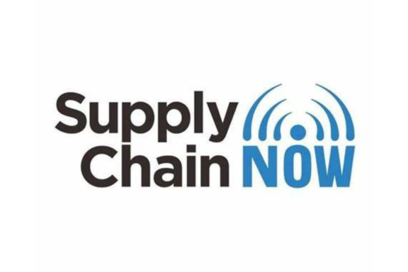 Logo with the words “Supply Chain NOW” in black and blue text. Blue curved lines above "NOW" suggest wireless signals, connectivity, and the innovative role of supply chain robotics. The background is white.