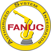 A yellow circular badge with the words Authorized System Integrator around the edge, featuring a yellow robotic arm to represent Robotics Integration and the word FANUC in bold red letters across the center.