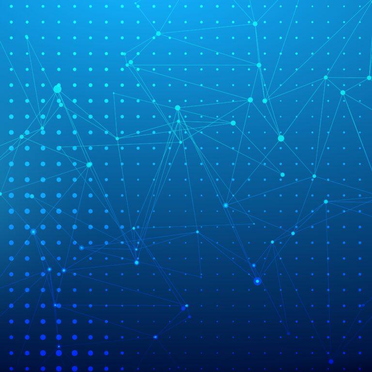 Abstract blue background with a gradient of small dots and interconnected lines and nodes, evoking a digital network or Microsoft-inspired data visualization.