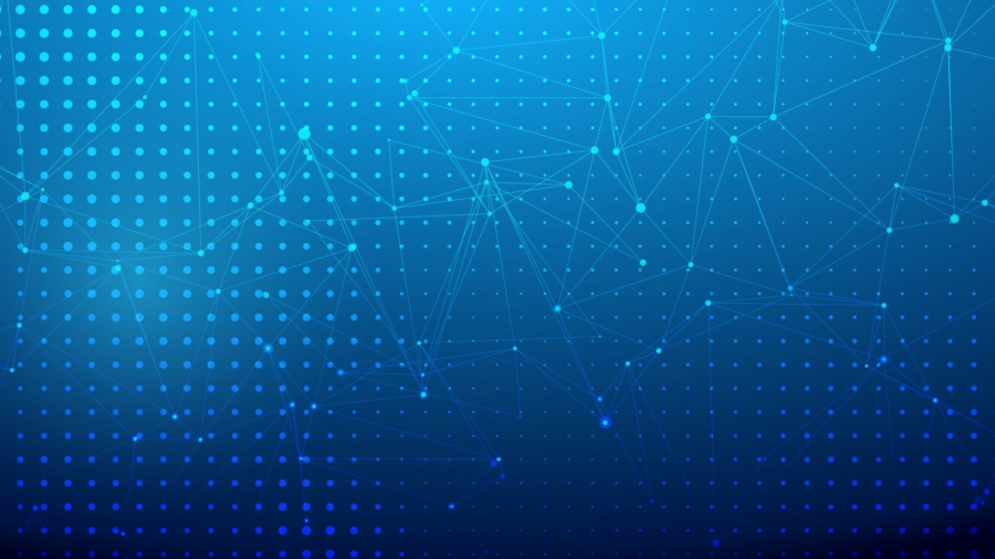 Abstract blue background with a gradient of small dots and interconnected lines and nodes, evoking a digital network or Microsoft-inspired data visualization.