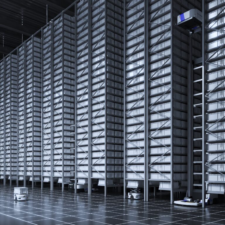 Rows of tall shelves in a futuristic WOS automated warehouse, with several small robots moving on the floor and one robot on a vertical lift accessing upper shelves. The metallic scene is illuminated with cool lighting, showcasing advanced technology at work.