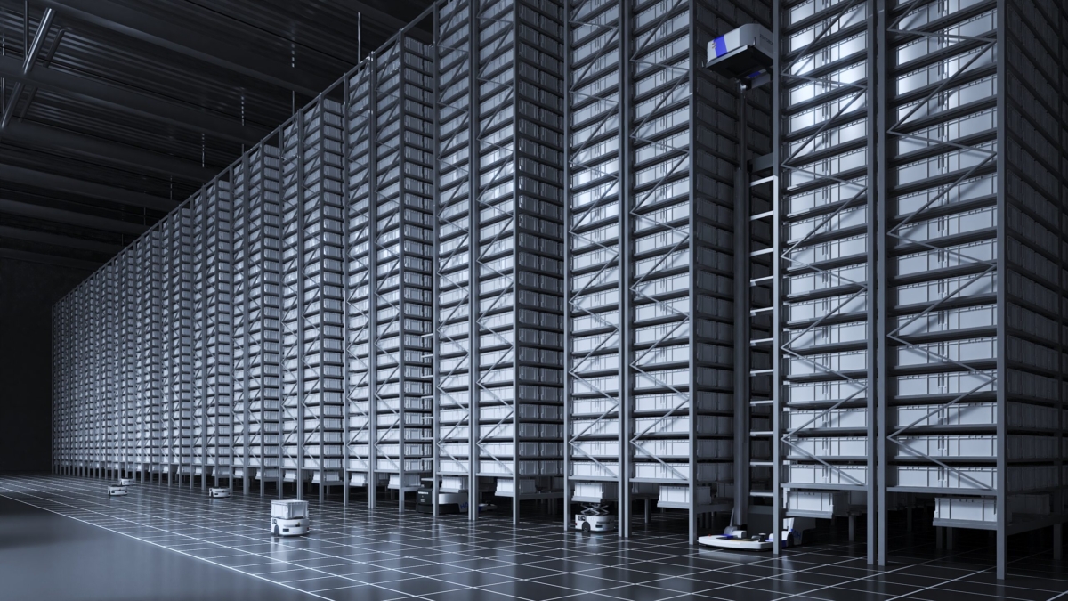 Rows of tall shelves in a futuristic WOS automated warehouse, with several small robots moving on the floor and one robot on a vertical lift accessing upper shelves. The metallic scene is illuminated with cool lighting, showcasing advanced technology at work.