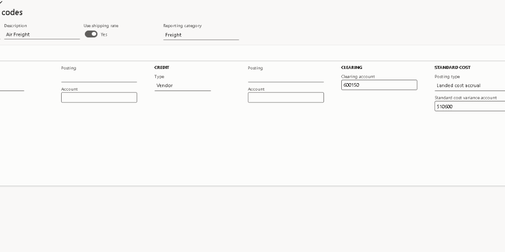 A software interface displays Cost type codes for Air Freight and landed cost, showing input fields for posting, cost, statement code, moving average, charge, and measure, with a navigation menu on the left listing various categories.
