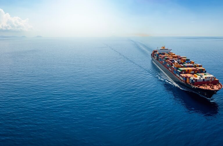 A large cargo ship loaded with colorful shipping containers sails across a calm blue ocean under a clear sky, leaving a wake behind.