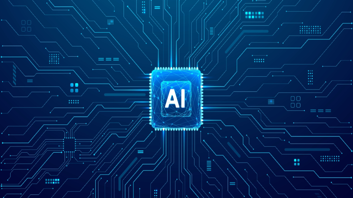 A glowing microchip labeled AI is centered on a dark blue circuit board background, with lines and nodes radiating outward, symbolizing the power of ai and advanced technology.