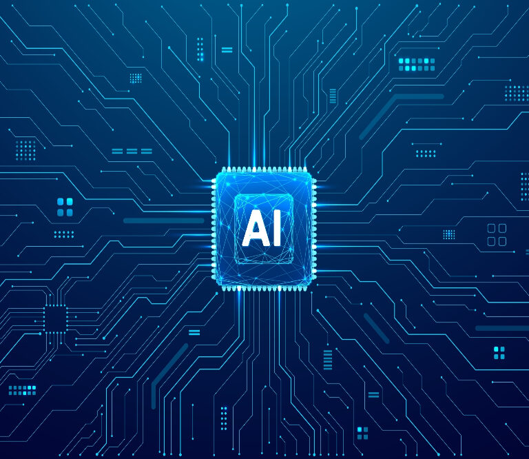 A glowing microchip labeled AI is centered on a dark blue circuit board background, with lines and nodes radiating outward, symbolizing the power of ai and advanced technology.