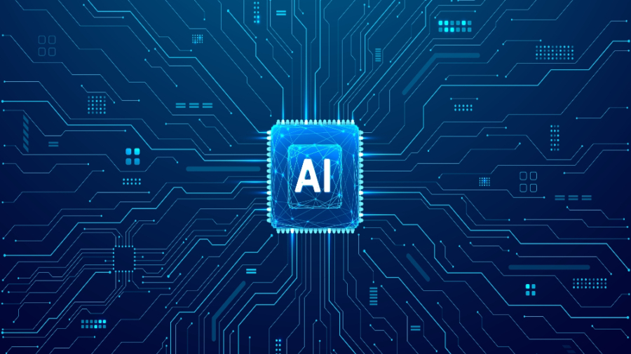 A glowing microchip labeled AI is centered on a dark blue circuit board background, with lines and nodes radiating outward, symbolizing the power of ai and advanced technology.