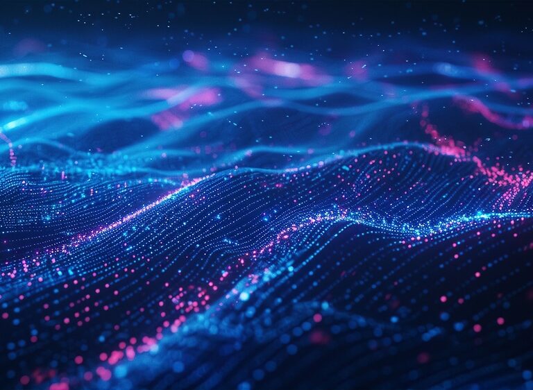 A digital illustration of abstract, glowing blue and pink waves, resembling a data network or energy field—ideal for visualizing concepts like wireless assessment—with numerous light particles scattered across a dark background.