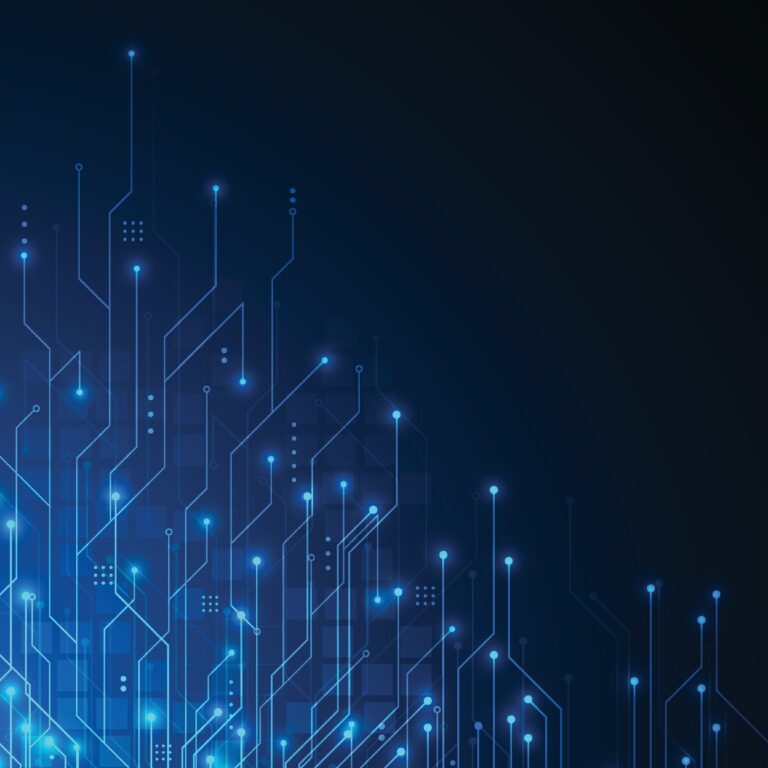 Blue glowing circuit lines and nodes rise from the bottom left against a dark background, evoking a digital or technology-themed abstract design inspired by robotics in automotive manufacturing.