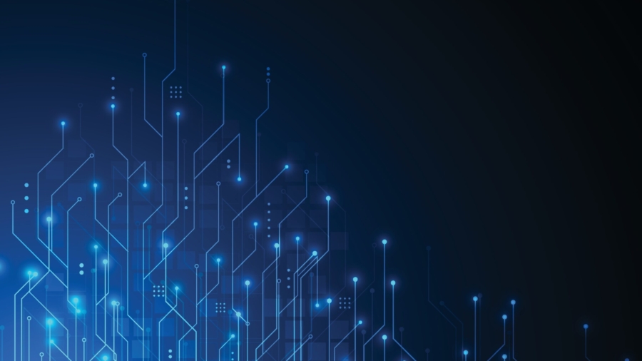 Blue glowing circuit lines and nodes rise from the bottom left against a dark background, evoking a digital or technology-themed abstract design inspired by robotics in automotive manufacturing.