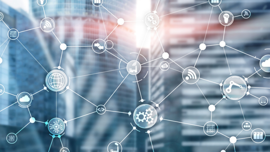 Abstract image of interconnected digital icons, such as gears, cloud, lock, and shopping cart, overlaid on a blurred cityscape of modern glass buildings, symbolizing network, technology, communication concepts, and supply chain planning.