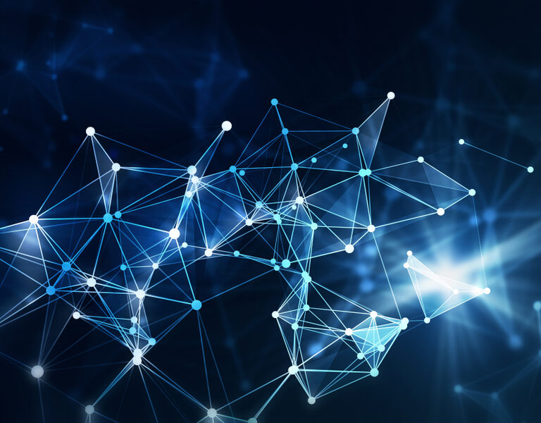 Abstract image of interconnected glowing blue and white lines and nodes forming a network or neural web, symbolizing the complexity of supply chain strategy, set against a dark blurred background with light flares.