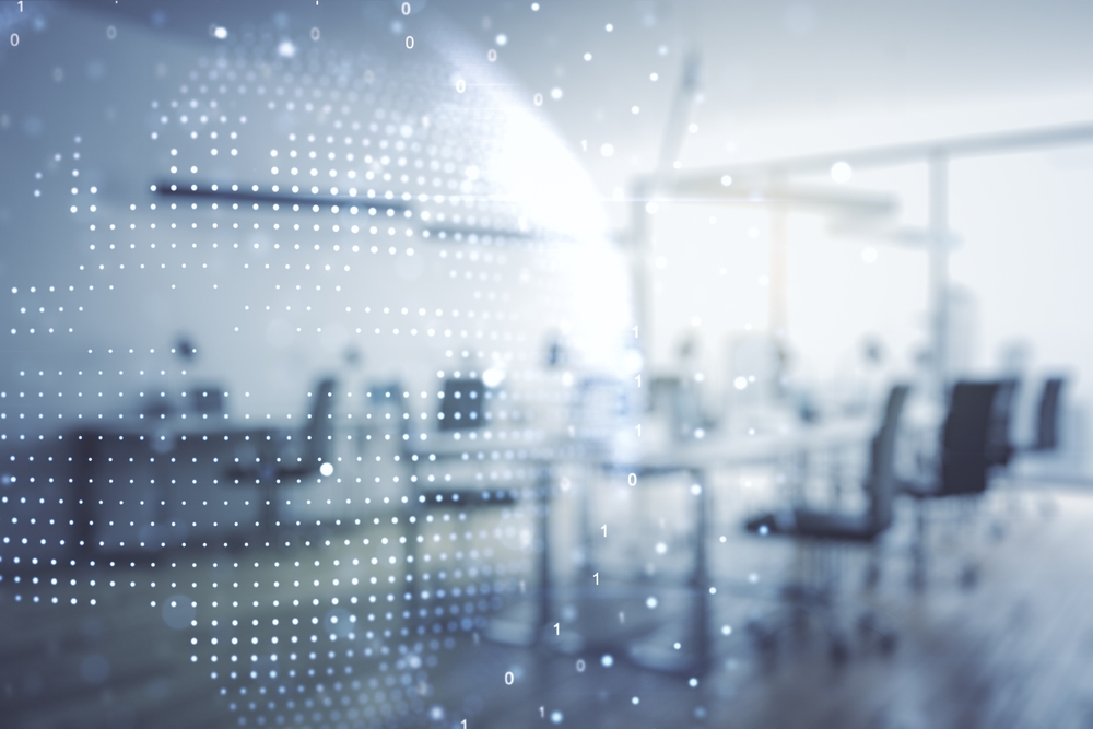 A blurred modern office with empty chairs and desks overlaid with a digital globe made of white dots and binary numbers, symbolizing technology, global connectivity, and opportunities at enVista Careers.