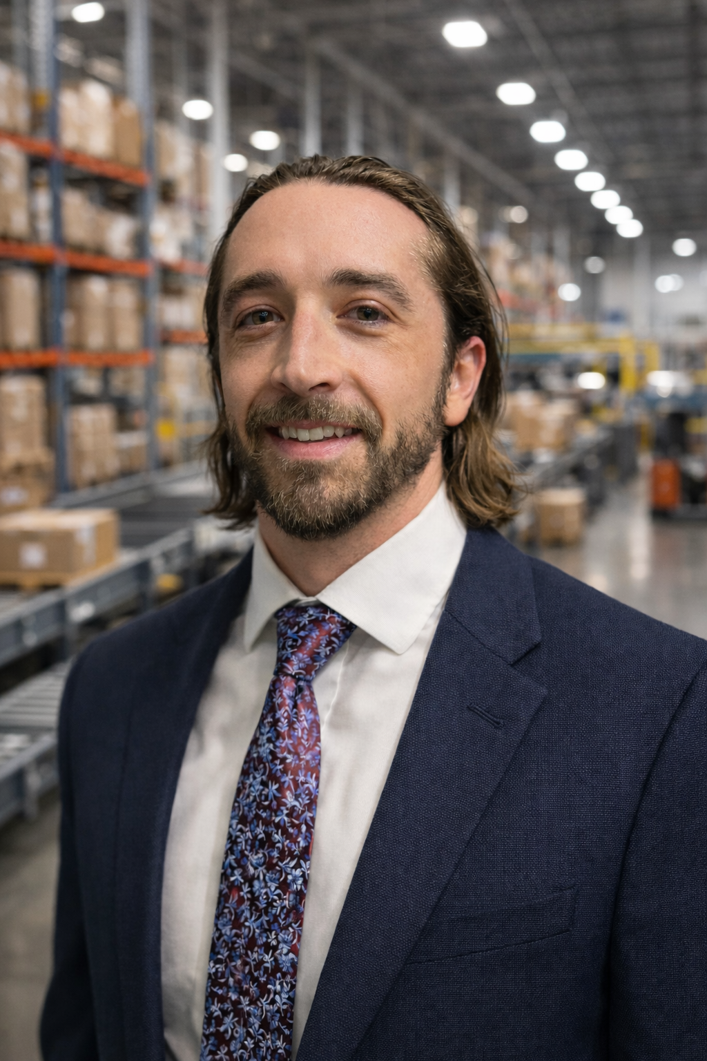 A man in a navy suit, white shirt, and floral tie smiles while standing in a large warehouse, representing enVista Careers among shelves stacked with boxes in the background.