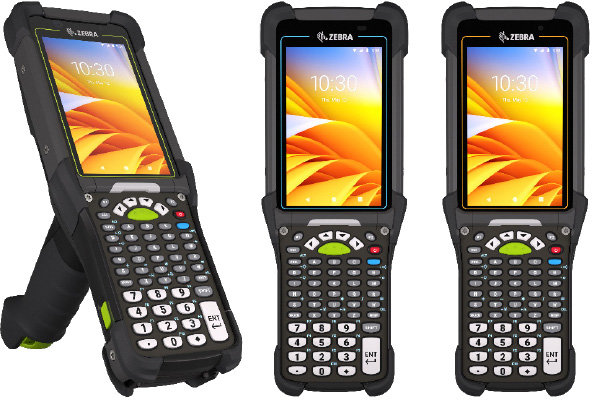 Three rugged handheld barcode scanners with keypads and large screens, branded Zebra, are shown standing upright; one features a handle grip. All display the same screen interface, showcasing the latest in mobile & edge technology.
