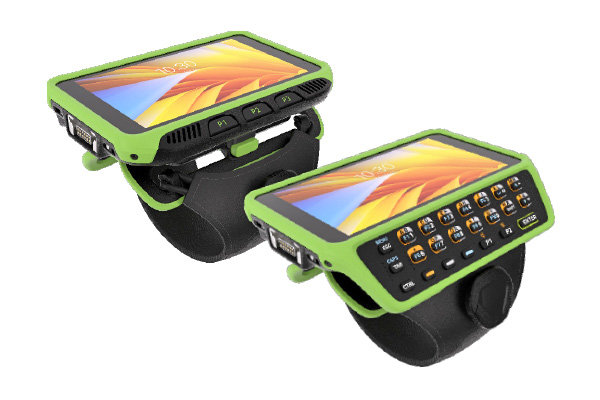 Two green handheld electronic devices with touchscreen displays and attached black wrist straps showcase the latest in mobile & edge technology; one features a numeric keypad, while the other does not. Both screens display a yellow and orange abstract background.