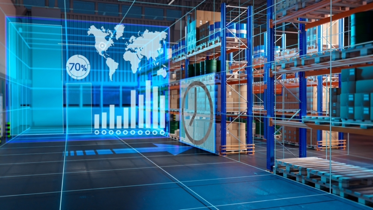 A modern warehouse with shelves and pallets, overlaid with digital graphics like charts, a world map, and data icons, highlighting inventory management or supply chain technology enhanced by pick-to-light systems.