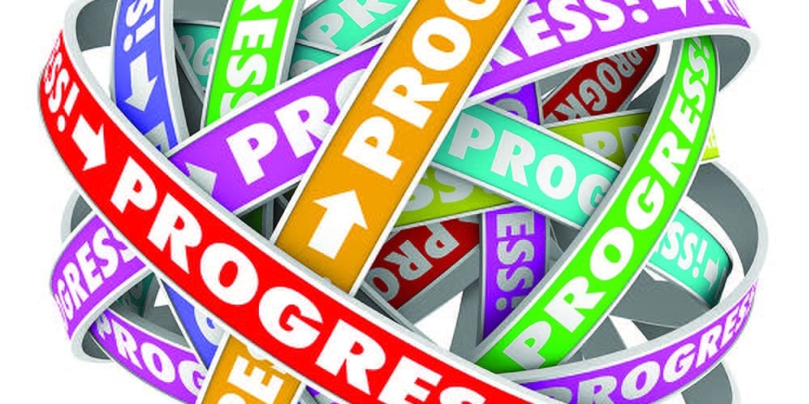 A tangled ball of colorful ribbons with the word “PROGRESS!” and arrows printed on each in various colors, symbolizing movement, advancement, and complexity.