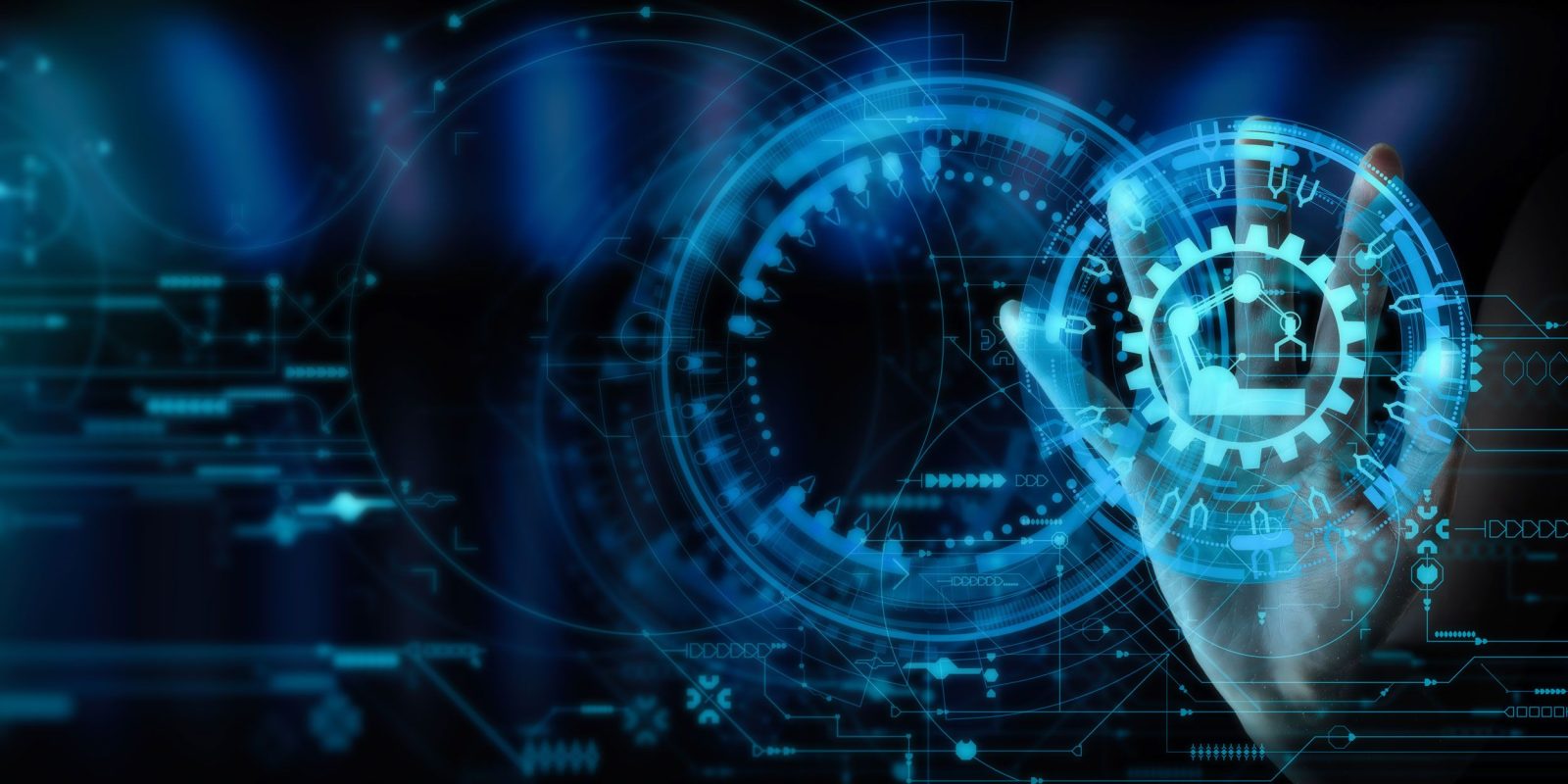 A hand interacts with a glowing digital interface featuring blue gears, locks, and circular technology icons, symbolizing cybersecurity, advanced technology, and distribution center automation.