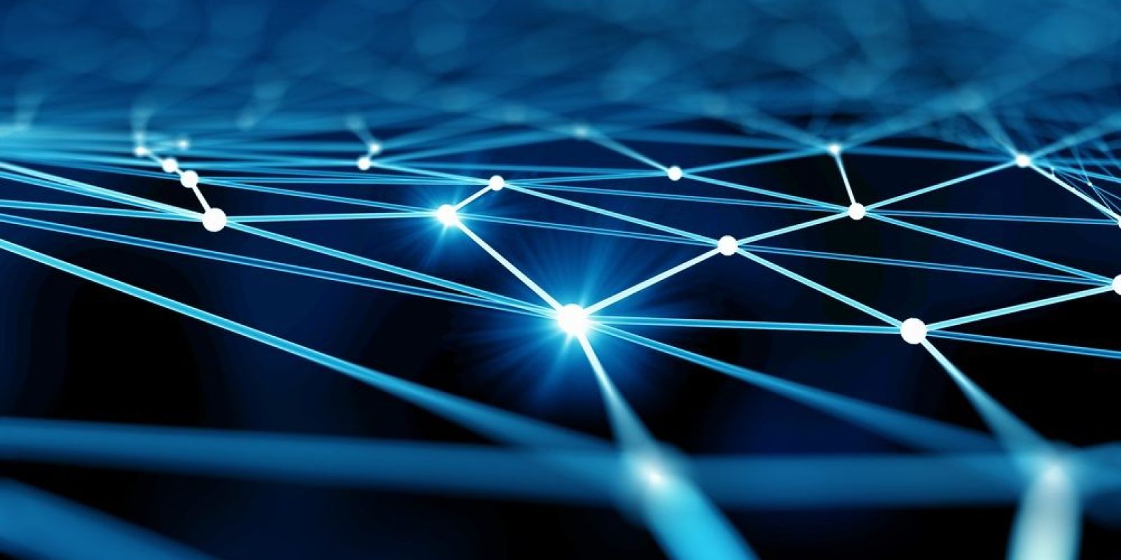 Abstract digital image of interconnected glowing blue lines and points forming a network on a dark background, representing data connections or a neural network.