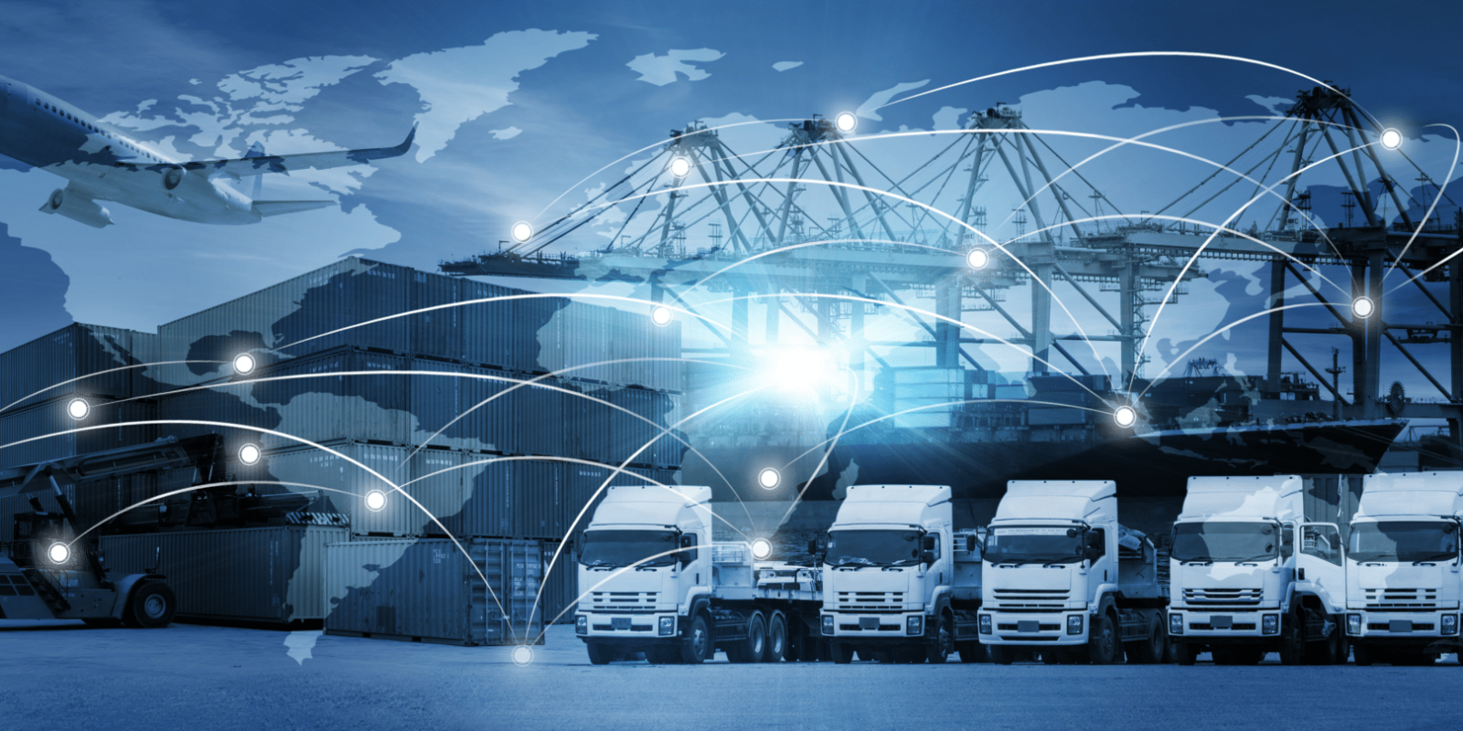 A montage showing trucks, shipping containers, cranes, and an airplane overlaid with a world map and connected network lines, representing global logistics and transportation.