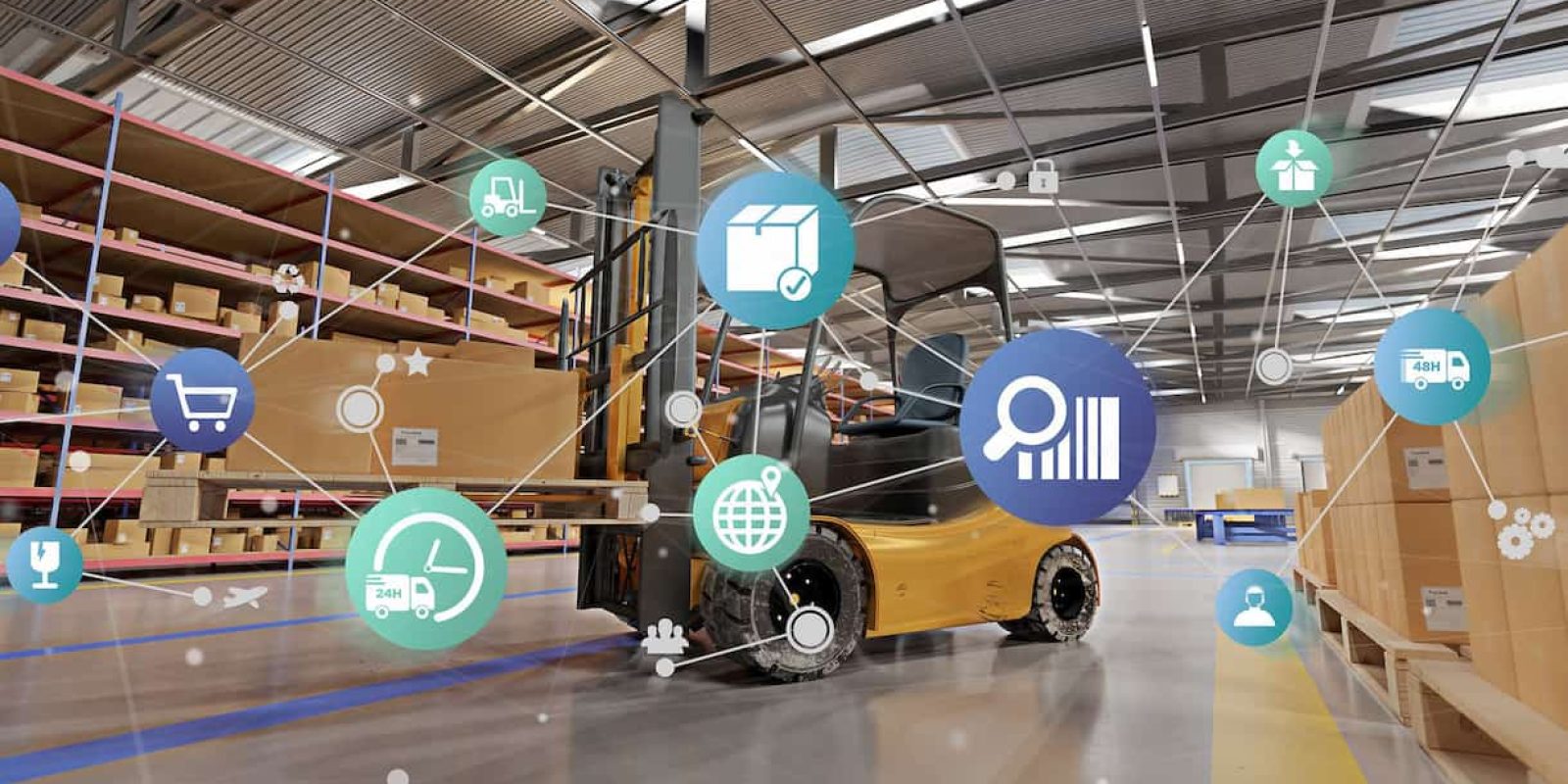 A forklift moves in a warehouse with shelves of boxes; overlaid are digital icons representing logistics, shipping, data analytics, and global connectivity, indicating a smart, automated supply chain system.