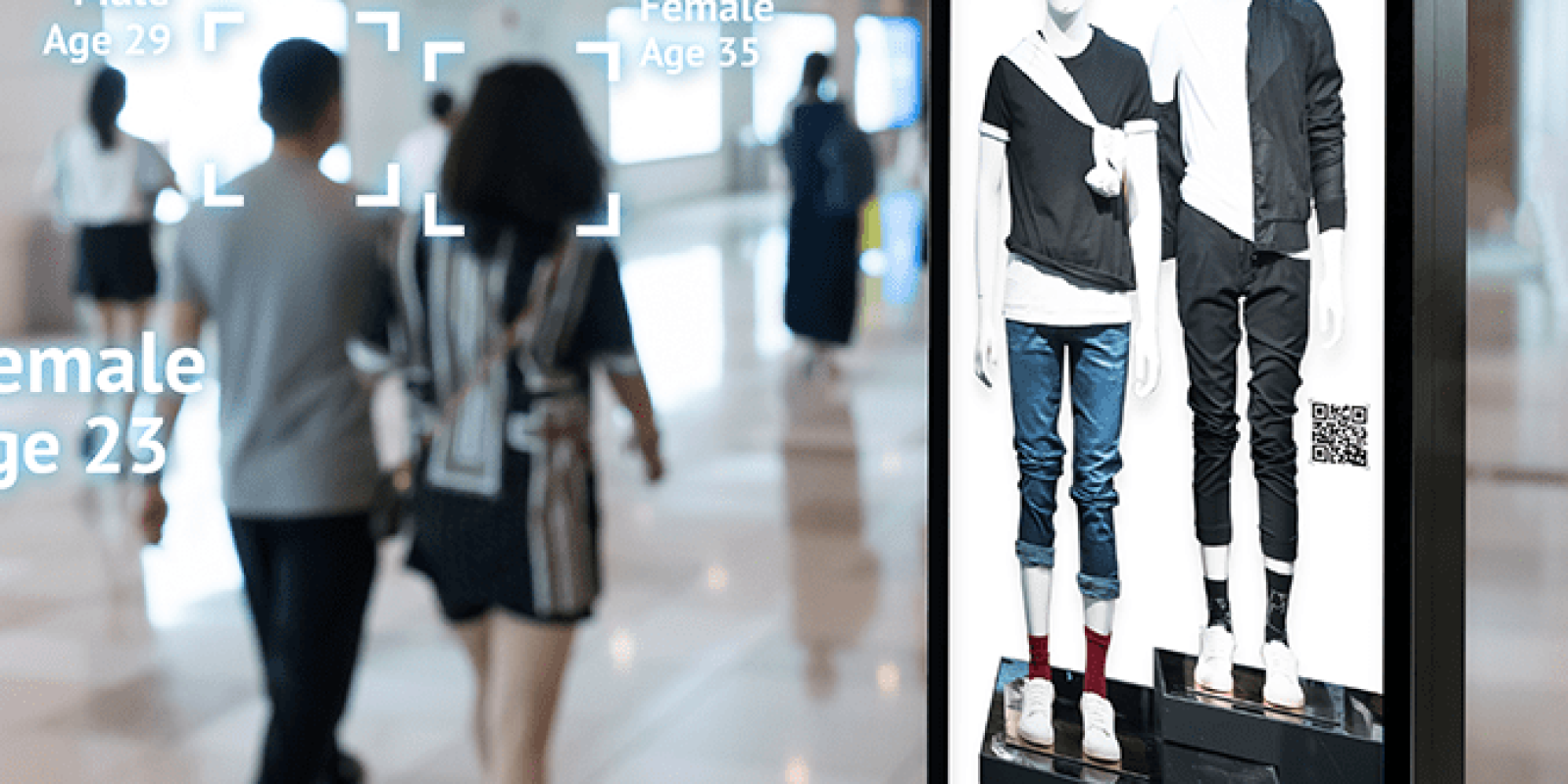 A digital billboard in a mall displays mannequins in casual clothing. Nearby, a group of people walks past, while facial recognition technology identifies their gender and estimated age on screen overlays.