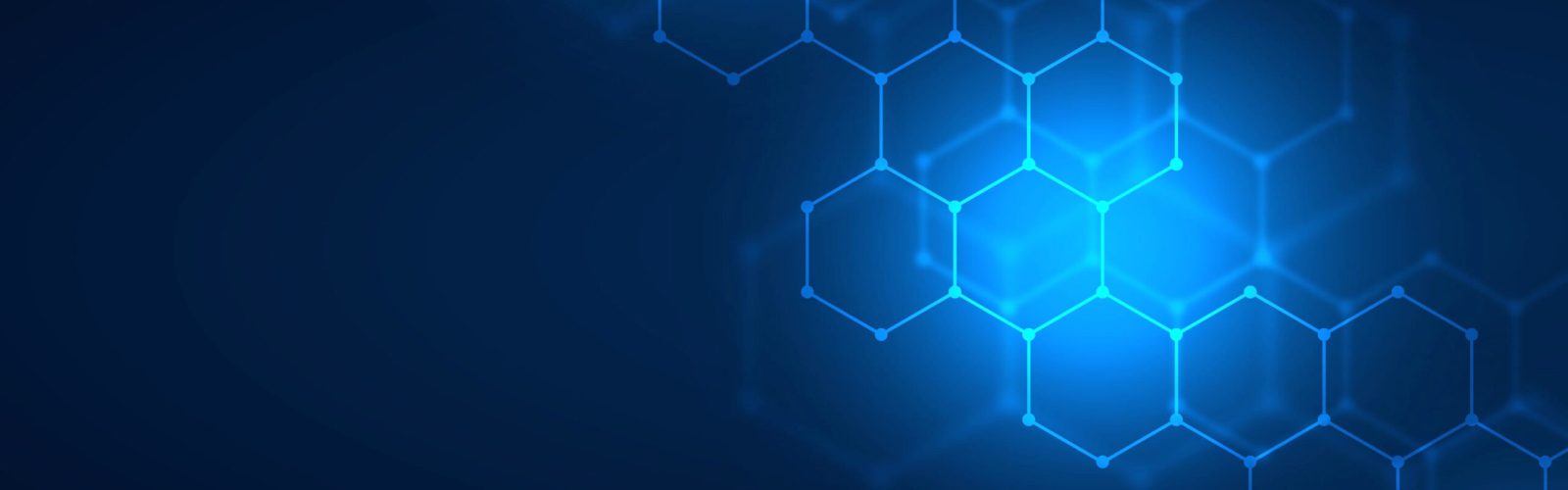 Blue hexagonal shapes form a glowing, interconnected pattern on a dark blue background, evoking a futuristic and digital-inspired abstract design reminiscent of Microsoft Business Solutions.