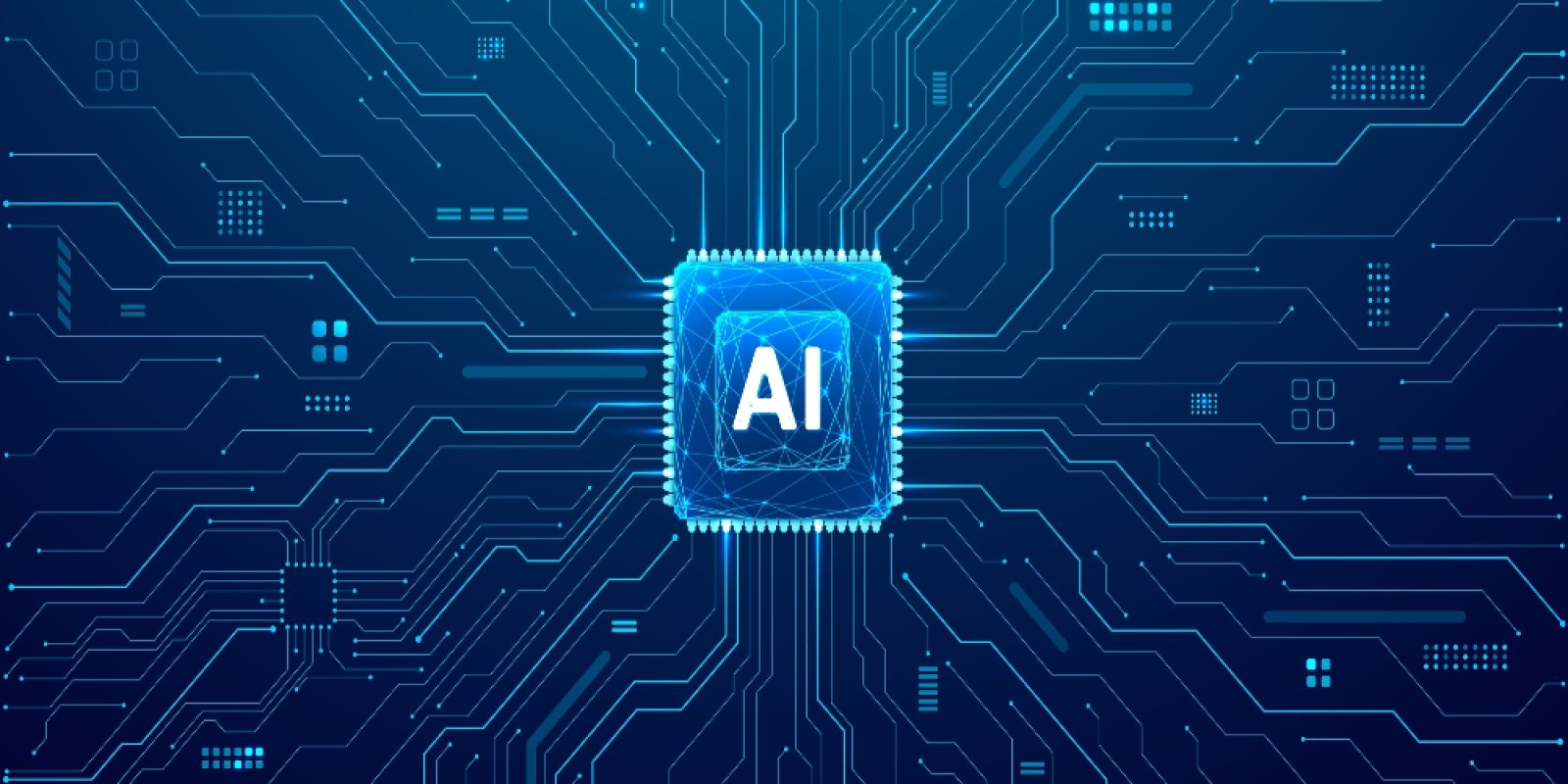 A glowing microchip labeled AI is centered on a dark blue circuit board background, with lines and nodes radiating outward, symbolizing the power of ai and advanced technology.