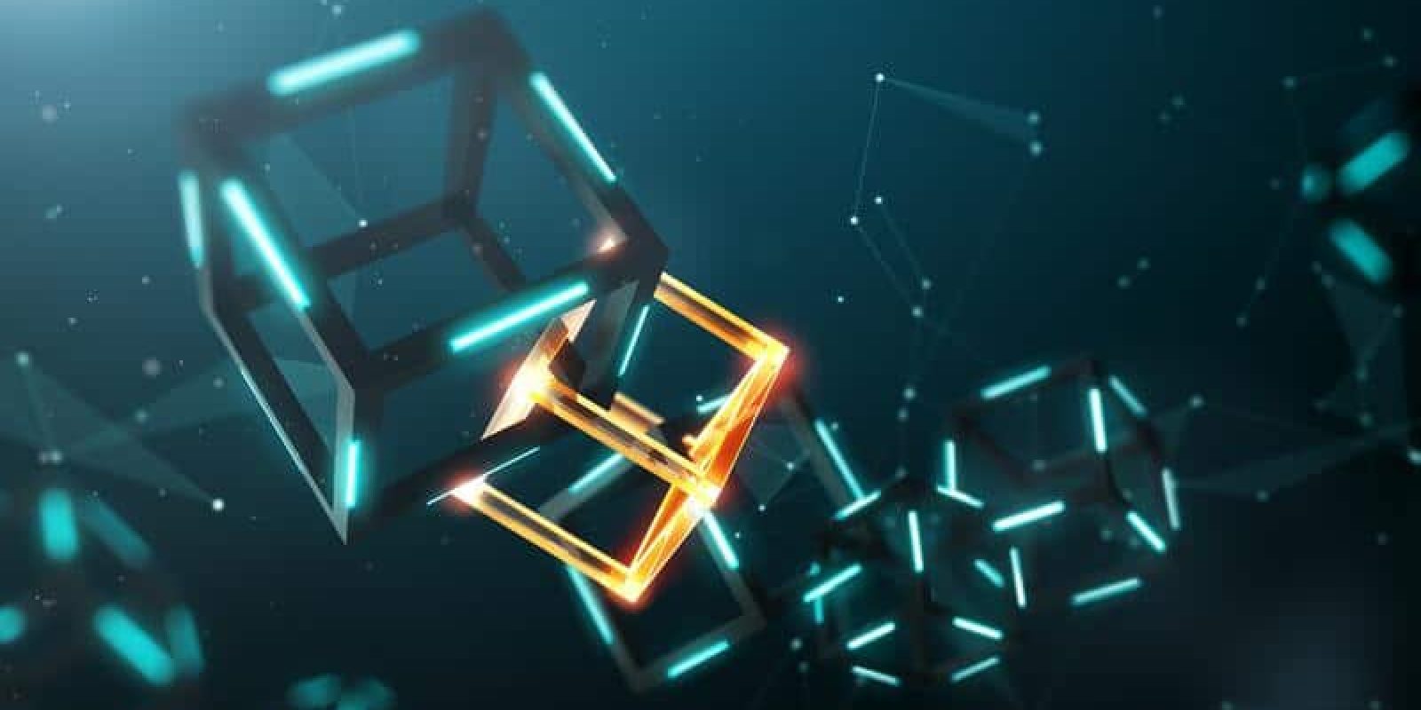 A digital illustration of interconnected 3D cubes representing blockchain in supply chain technology, with glowing blue and golden highlights, set against a dark background with abstract light elements.