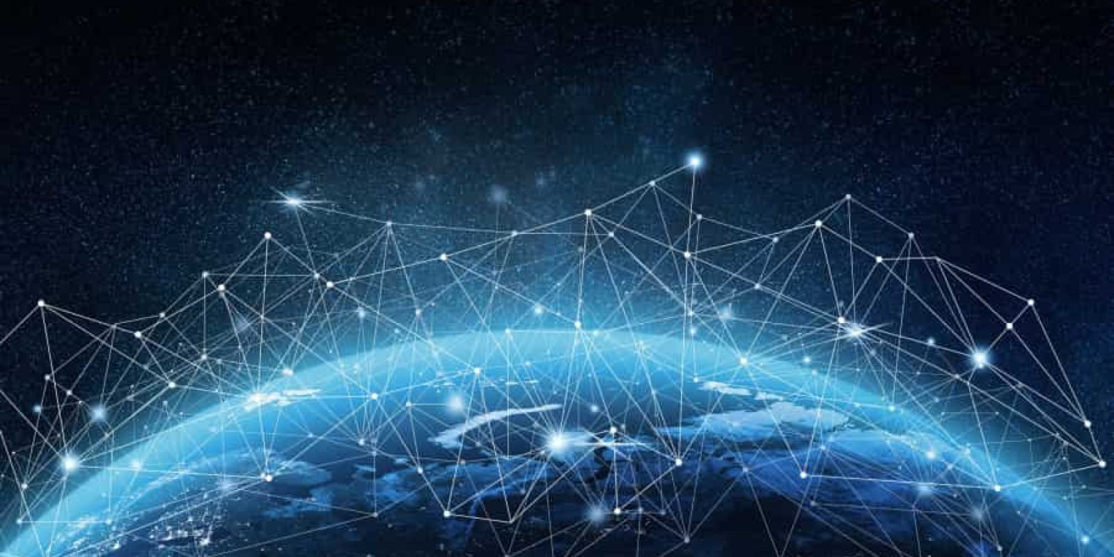 View of Earth from space with a network of glowing lines and points connecting across the surface, symbolizing global digital connectivity and data exchange on a dark, starry background.