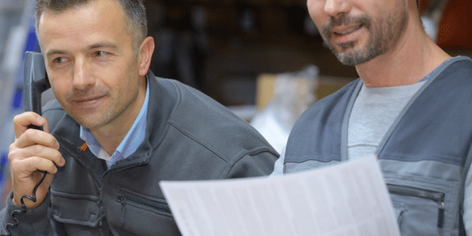 Two men in work uniforms are in a warehouse. One is talking on the phone while the other reviews a document, both appearing focused and engaged in their tasks. Boxes and shelves are visible in the background.