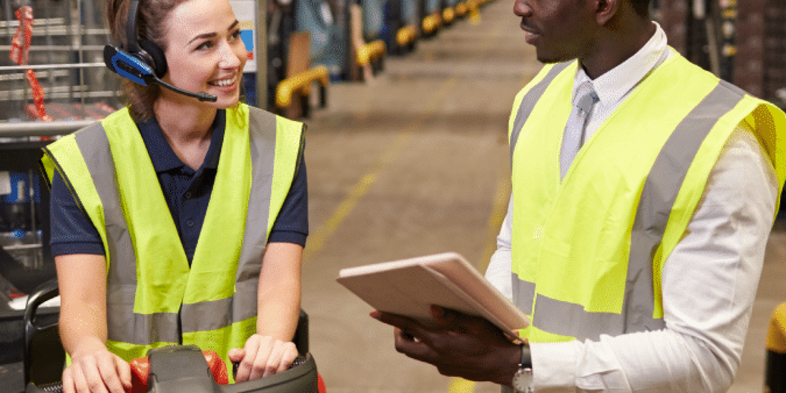 A woman wearing a headset and high-visibility vest sits on a forklift, smiling and talking to a man in a safety vest holding a tablet in a large warehouse.
