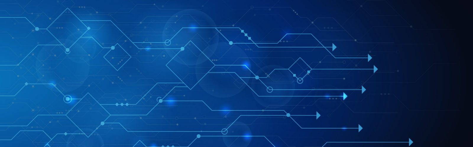 Abstract blue background featuring digital circuit lines and arrows pointing right, symbolizing technology, data flow, and innovation—perfect for illustrating a Microsoft D365 Business Central Upgrade with geometric shapes and glowing light effects.